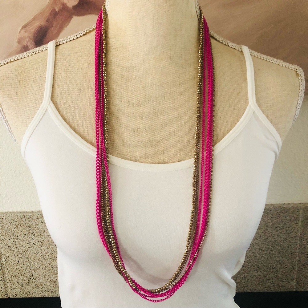 Multi strand pink chain brass sparkle bead necklace